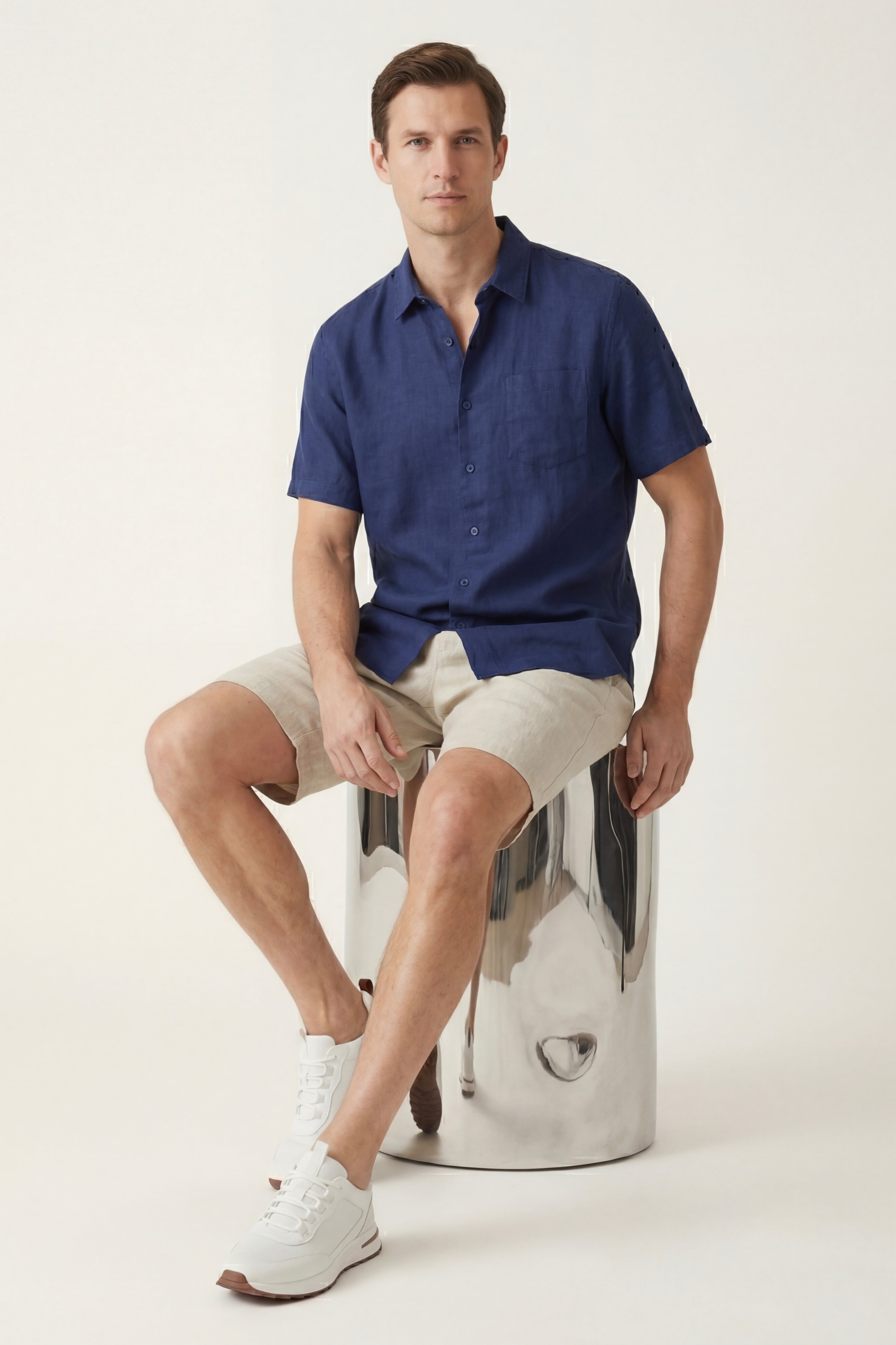 Casa Bellini™ | Verona Linen Shirt & Shorts Navy/Beige